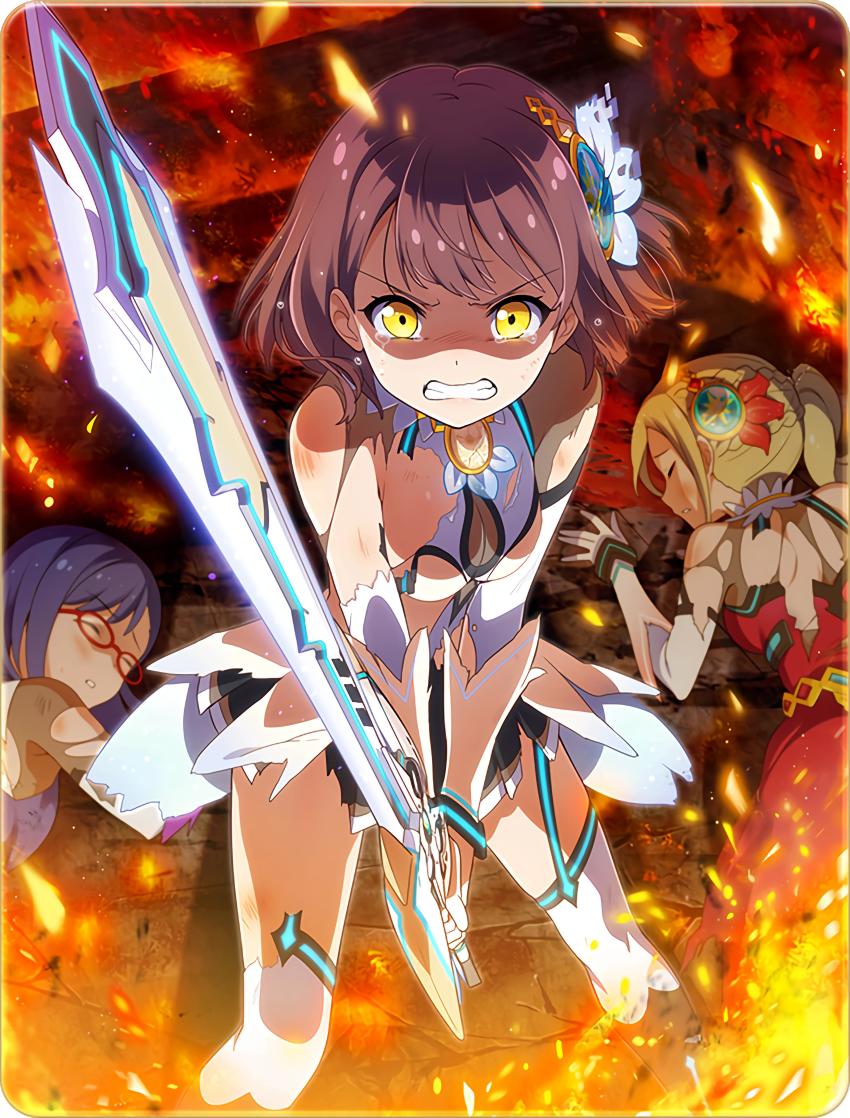 10s, 3girls, absurdres, battle_girl_high_school, breasts, cleavage, clenched_teeth, fire, glasses, glowing, glowing_eyes, hair_ornament, highres, looking_at_viewer, mitsurugi_furan, multiple_girls, sakaide_mari, short_hair, spoilers, sword, tears, teeth, torn_clothes, unconscious, weapon, yakumo_itsuki