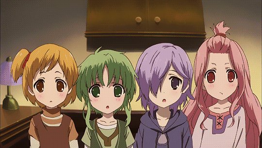 1boy, 4girls, animated, animated_gif, collon, green_eyes, green_hair, jumping, lakhesh, multiple_girls, orange_eyes, orange_hair, pannibal, pink_eyes, pink_hair, purple_eyes, purple_hair, shuumatsu_nani_shitemasu_ka?, tiat