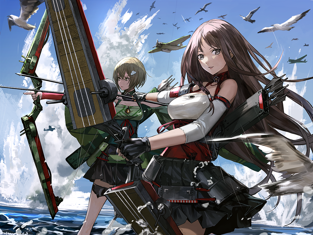 2girls, aircraft, arrow_(projectile), bell, bird, black_gloves, black_skirt, bow