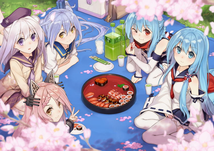5girls, :3, animal_ears, arashi_(warship_girls_r), bag, beret, blanket, blue_eyes, blue_hair, blue_skirt, blush, bottle, braid, breasts, cherry_blossoms, chopsticks, closed_mouth, crossed_arms, cu_(fsy84738368), cup, detached_sleeves, eating, fake_animal_ears, food, from_above, fubuki_(warship_girls_r), grass, green_tea, hair_bun, hanami, hat, highres, light_purple_hair, long_hair, long_sleeves, looking_at_viewer, looking_up, lying, multiple_girls, official_art, on_stomach, one_eye_closed, open_mouth, outdoors, picnic, pink_hair, plate, purple_eyes, purple_hat, purple_skirt, red_eyes, red_scarf, remodel_(warship_girls_r), sailor_collar, scarf, shimakaze_(warship_girls_r), ship_turret, shirayuki_(warship_girls_r), shirt, side_ponytail, single_hair_bun, sitting, skirt, sleeves_rolled_up, small_breasts, smile, sushi, tea, thighhighs, tray, v, very_long_hair, wariza, warship_girls_r, white_hair, white_legwear, white_shirt, wide_sleeves, yellow_eyes, yokozuwari, yukikaze_(warship_girls_r)