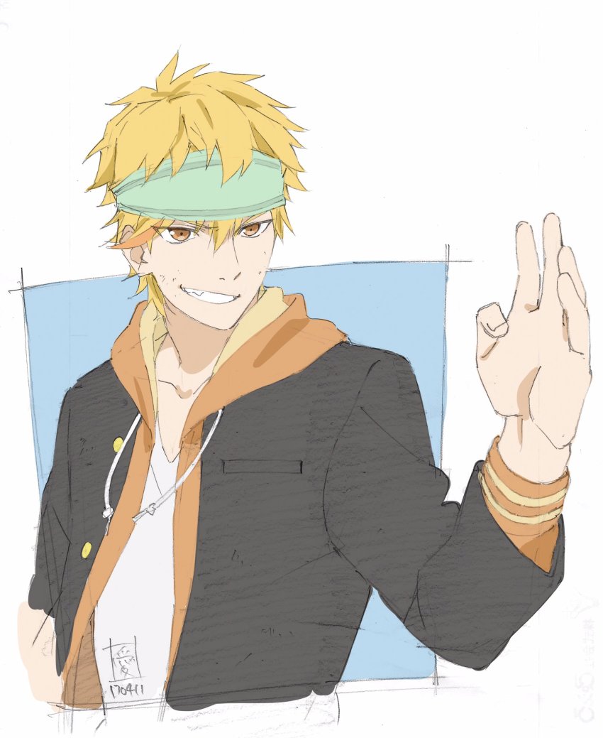 10s, 1boy, bad_id, bad_twitter_id, blonde_hair, fighting_stance, grin, headband, highres, hood, hoodie, kenka_banchou, kenka_banchou_otome, male_focus, minowa_totomaru, orange_eyes, orange_shirt, renju, shirt, signature, smile, solo, upper_body