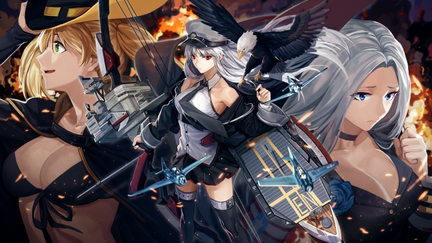 3girls, aircraft, airplane, azur_lane, bald_eagle, belt, bikini, bird, blonde_hair, blue_eyes, bomber, breasts, capelet, choker, cleavage, coat, collarbone, cowboy_hat, eagle, enterprise_(azur_lane), explosion, f6f_hellcat, feathers, flight_deck, flower, flying, from_above, green_eyes, hat, highres, holding, holding_unworn_clothes, holding_unworn_hat, hornet_(azur_lane), landing, looking_to_the_side, looking_up, mecha_musume, military_vehicle, miniskirt, multiple_girls, necktie, personification, pleated_skirt, propeller_fighter, red_eyes, rff_(3_percent), rose, shrug_(clothing), silver_hair, skirt, sleeveless, swimsuit, tbf_avenger, thigh_strap, thighhighs, torpedo_bomber, twintails, united_states_navy, unworn_hat, unworn_headwear, weapon, wind, world_war_ii, yorktown_(azur_lane), zettai_ryouiki