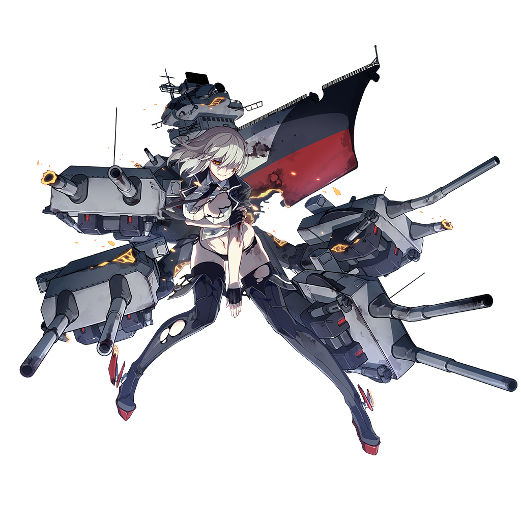 1girl, armband, belt, black_boots, black_gloves, black_necktie, black_panties, black_skirt, black_thighhighs, blood, blood_on_face, boots, bottomless, breasts, broken, cannon, closed_mouth, covered_erect_nipples, damaged, female_focus, fingerless_gloves, full_body, gloves, grey_hair, hair_over_one_eye, hindenburg_(warship_girls_r), hand_on_own_arm, injury, large_breasts, looking_down, miniskirt, navel, necktie, no_pants, ns_(ntrsis), official_art, panties, rigging, ship_turret, side-tie_panties, skindentation, skirt, solo, thigh_boots, thighhighs, torn_clothes, transparent_background, underwear, warship_girls_r, yellow_eyes