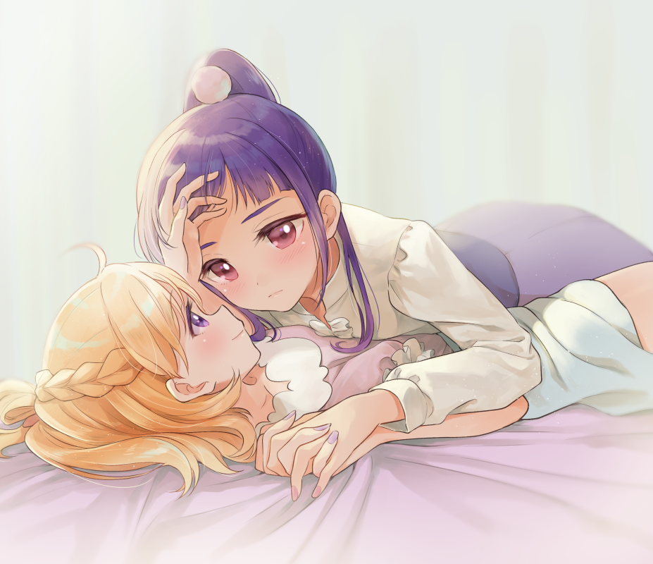 2girls, asahina_mirai, blonde_hair, blush, braid, crown_braid, eye_contact, gobou_1000