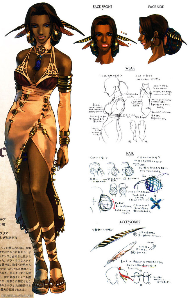1girl, armlet, bare_shoulders, blue_eyes, bracelet, breasts, bridal_gauntlets, brown_hair, reference_sheet, cleavage, concept_art, dark-skinned_female, dark_skin, dress, earrings, feather_hair_ornament, feathers, feet, full_body, hair_bun, hair_ornament, hip_focus, hoop_earrings, jewelry, katou_miyako, lips, lipstick, looking_at_viewer, lucia_(shadow_hearts), makeup, multiple_views, nail_polish, official_art, portrait, profile, sandals, scan, shadow_hearts, shadow_hearts_ii, side_slit, simple_background, single_hair_bun, standing, thigh_strap, toes, very_dark_skin, watermark, web_address, white_background