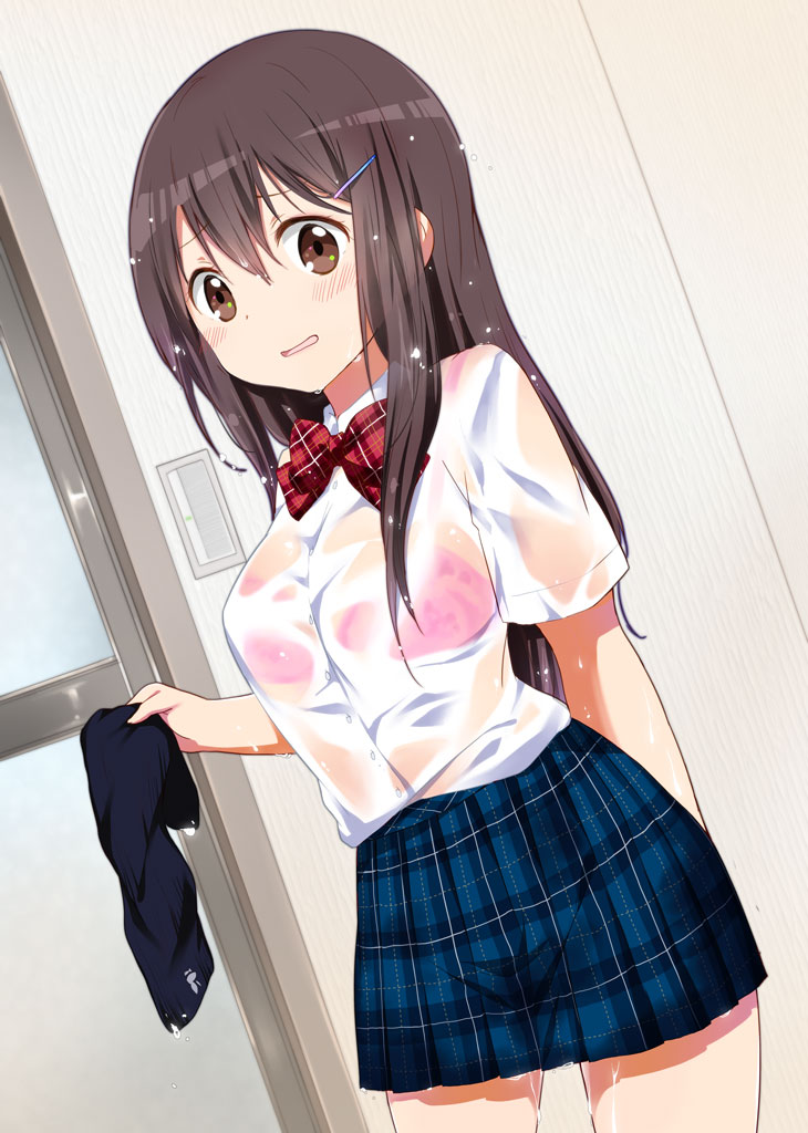 1girl, black_hair, blush, bra, breasts, brown_eyes, chijou_noko, chikanoko