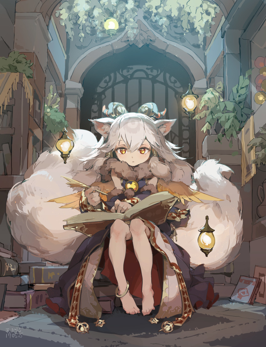 1girl, animal_ears, anklet, barefoot, book, demon_horns, detached_sleeves, feathered_wings, fur_trim, hair_tubes, highres, horns, ilmina_(p&amp;d), jewelry, library, multiple_tails, puzzle_&amp;_dragons, tail, tennohi, white_hair, wings, yellow_eyes