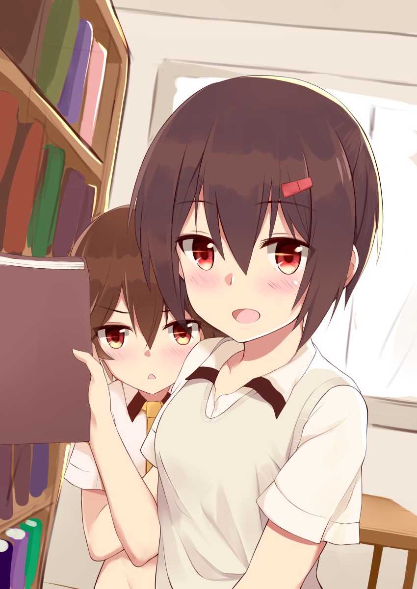 2girls, :d, absurdres, ayanami_(warship_girls_r), blush, bookshelf, brown_eyes, brown_hair