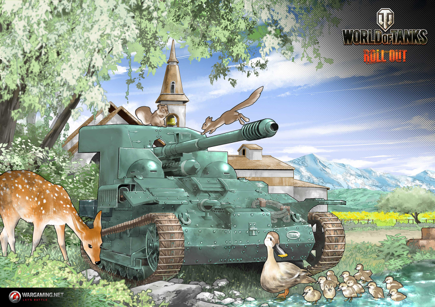animal, artist_request, bird, church, cloud, day, duck, highres, mallard, military, military_vehicle, motor_vehicle, no_humans, renault_ue_57, rock, self-propelled_artillery, self-propelled_gun, sky, squirrel, tank, tree, vehicle_focus, wargaming_japan, water, world_of_tanks