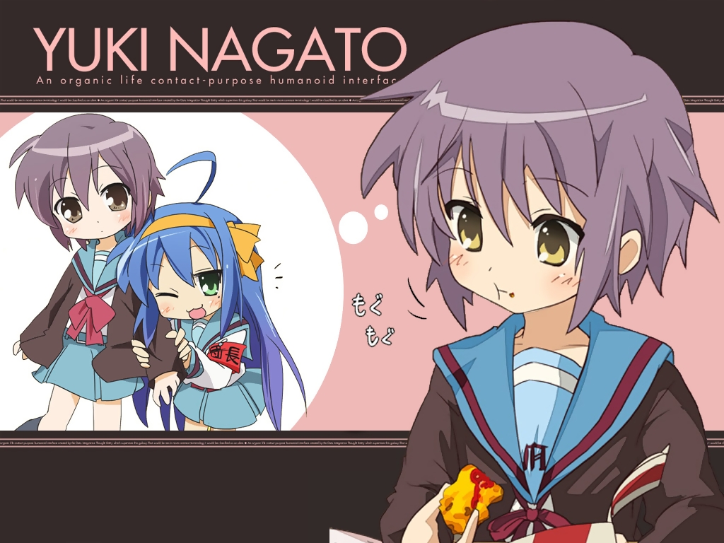 2girls, ahoge, bird, chicken, chicken_nugget, clerk_nagato, cosplay, food, food_on_face, hirano_aya, izumi_konata, lucky_star, mole, mole_under_eye, multiple_girls, nagato_yuki, nagato_yuki_(cosplay), school_uniform, serafuku, short_hair, silver_hair, suzumiya_haruhi, suzumiya_haruhi_(cosplay), suzumiya_haruhi_no_yuuutsu, thinking, voice_actor_connection, yellow_eyes