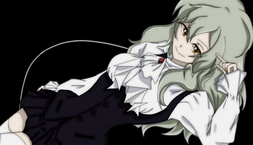 dress, el_cazador_de_la_bruja, green_hair, l.a., long_hair, simple_background, smile, thighhighs