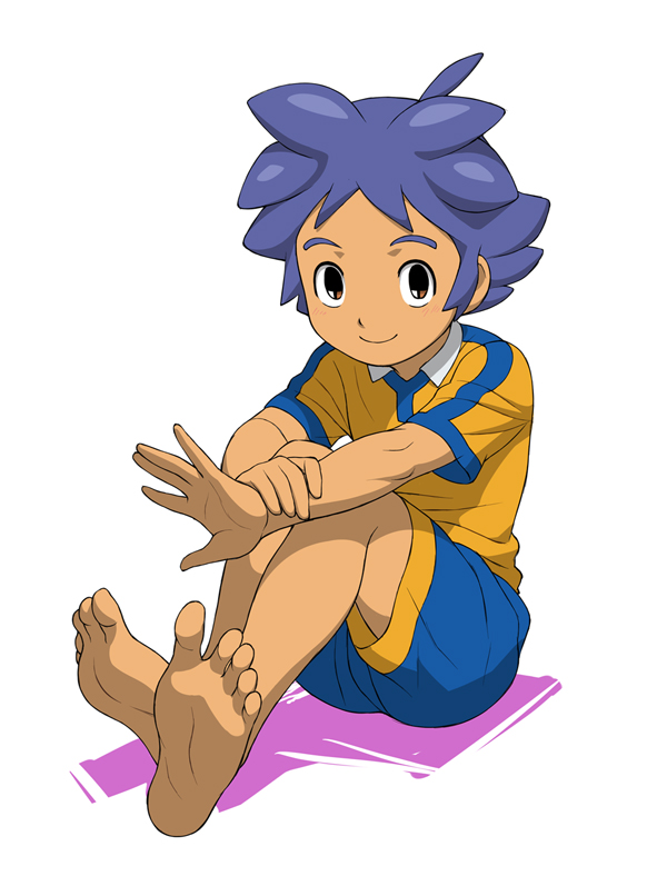 1boy, barefoot, blue_hair, child, feet, inazuma_eleven, inazuma_eleven_(series), kageyama_hikaru, looking_at_viewer, male_focus, shorts, sitting, smile, soccer_uniform, soles, solo, sportswear, toes, white_background, yamamiya_hiroshi, yellow_eyes