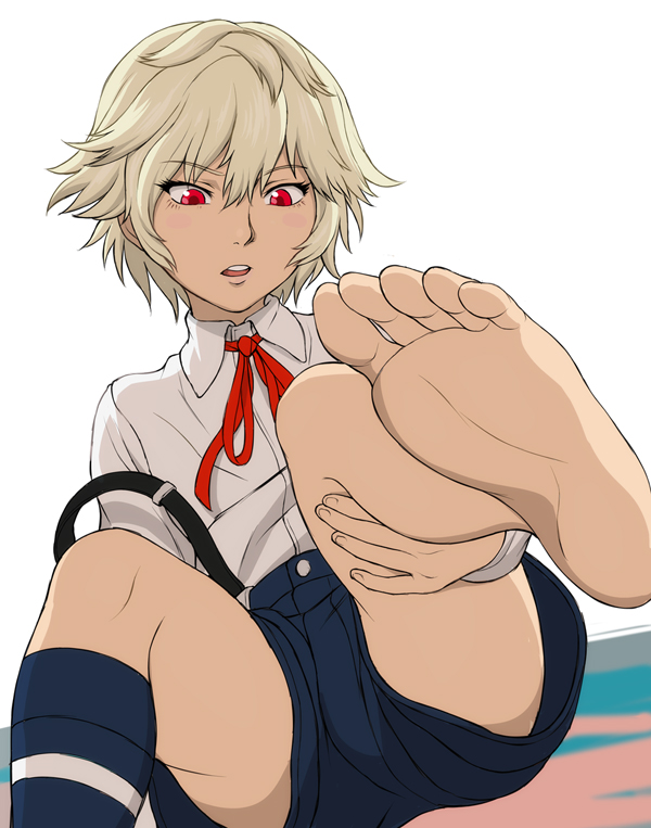 10s, 1boy, androgynous, barefoot, blonde_hair, blouse, blush, child, collared_shirt, feet, gunslinger_stratos, hair_between_eyes, male_focus, open_mouth, red_eyes, remy_odhner, school_uniform, shirt, shorts, simple_background, sitting, socks, soles, solo, toes, white_background, white_shirt, yamamiya_hiroshi