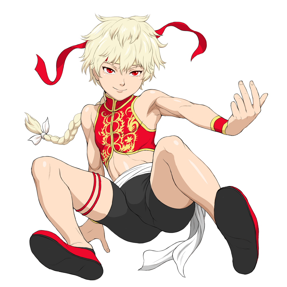 10s, 1boy, androgynous, armpits, blonde_hair, braid, bulge, chinese_text, full_body, gunslinger_stratos, headband, long_hair, male_focus, red_eyes, remy_odhner, shoes, shorts, shota, simple_background, single_braid, solo, white_background, yamamiya_hiroshi