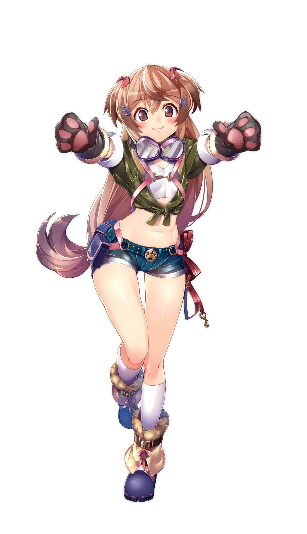 animal_hands, boots, dog_paws, formation_girls, gloves, highres, kokka_han, leika_fyodrina_ermakova, long_hair, navel, short_shorts, shorts, simple_background, solo, transparent_background, white_background