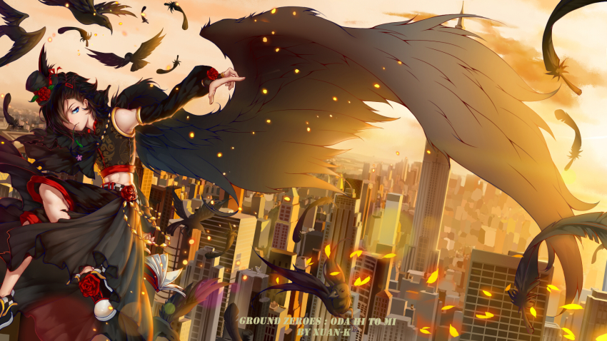 1boy, artist_name, bad_id, bad_pixiv_id, bird, black_hair, blue_eyes, cityscape