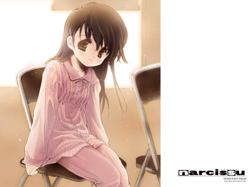 1girl, blush, brown_eyes, brown_hair, chair, collarbone, company_name, copyright_name
