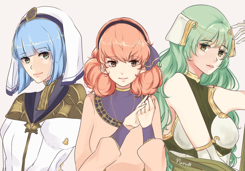 3girls, artist_name, bare_shoulders, blue_hair, circlet, curly_hair, fire_emblem, fire_emblem_echoes:_shadows_of_valentia