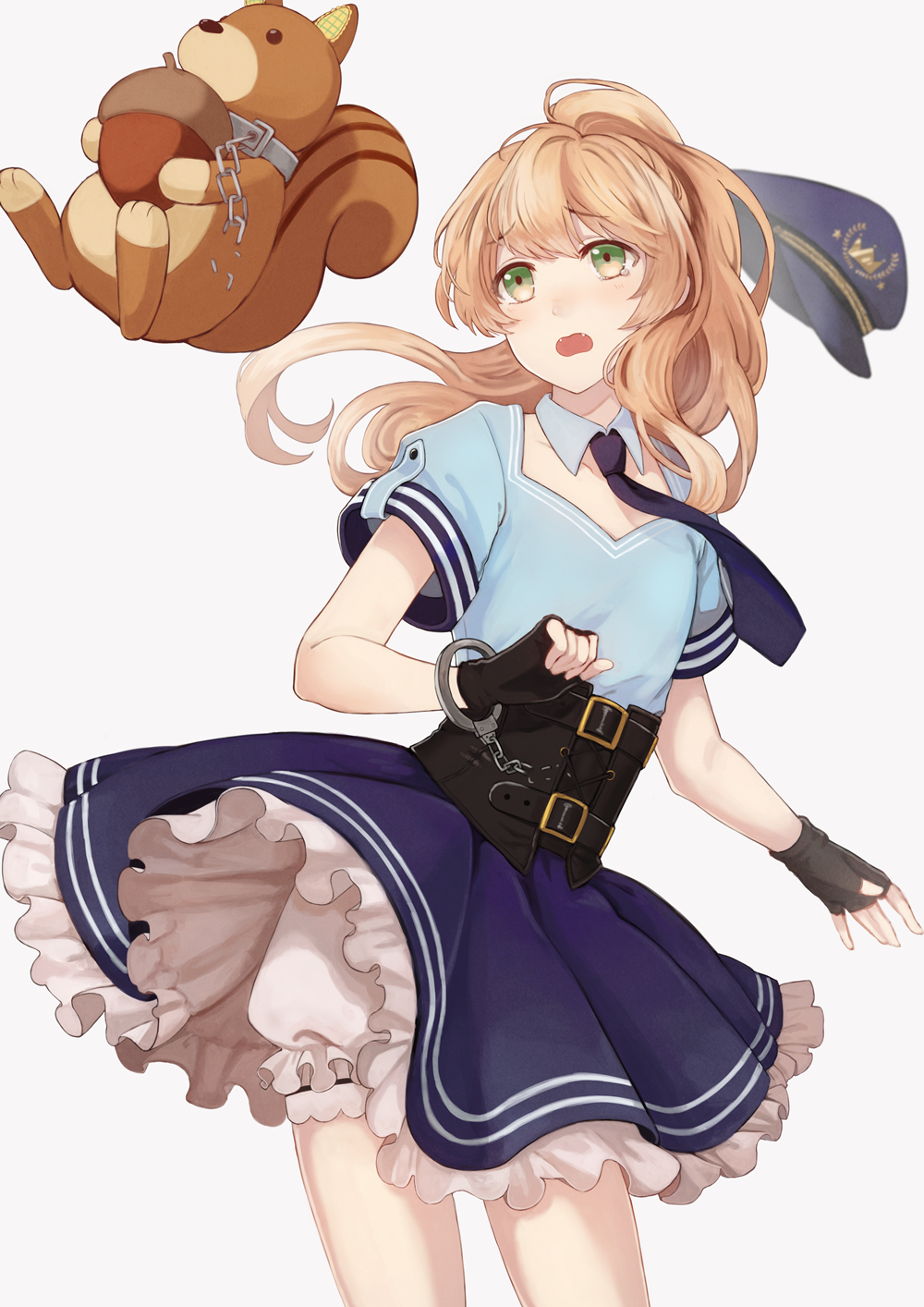 1boy, bloomers, corset, crossdressing, crossdressing_(mtf), cuffs, detached_collar, fangs, fingerless_gloves, gloves, green_eyes, hair_ribbon, handcuffs, highres, hirayama_ityu, i-chu, long_hair, male_focus, necktie, oikawa_momosuke, open_mouth, ribbon, skirt, solo, tears, trap, twintails, underwear