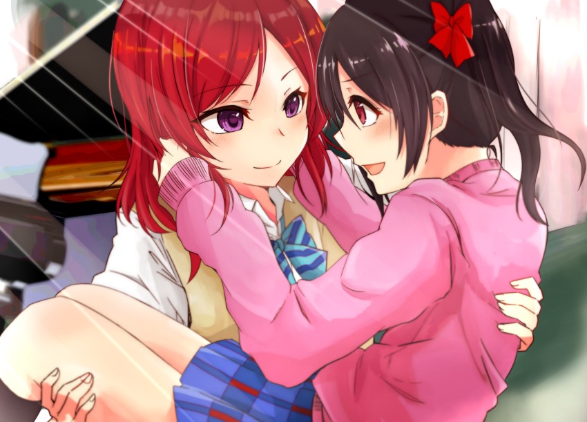 10s, 2girls, absurdres, black_hair, blue_bow, blue_bowtie, bow, bowtie