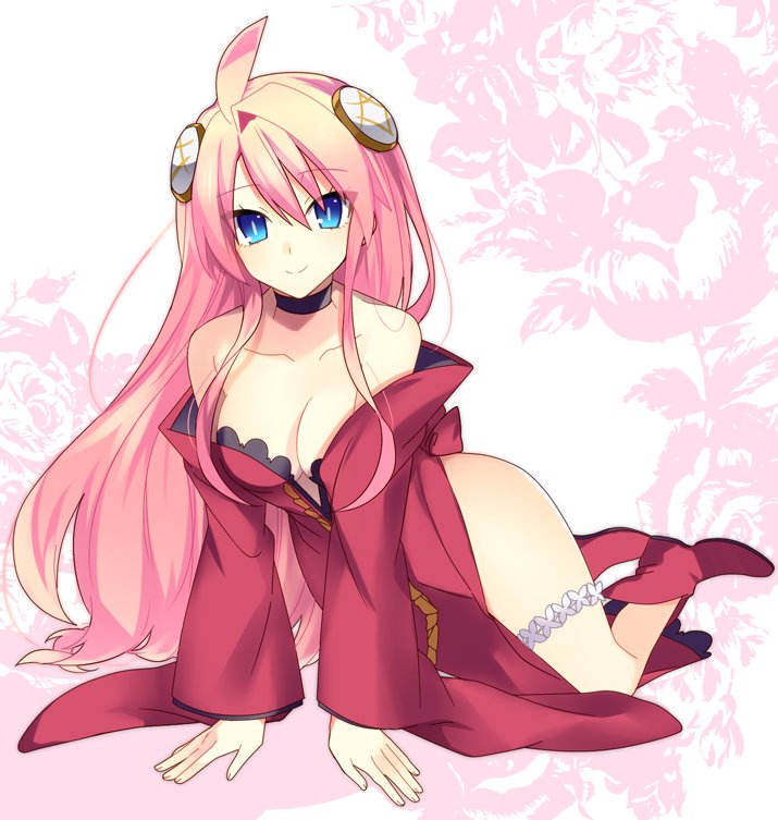 1girl, ahoge, alternate_costume, artina_(disgaea), bare_shoulders, black_neckwear, blue_eyes, breasts