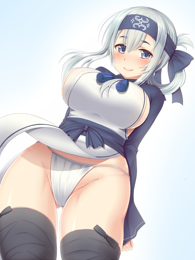 10s, 1girl, ainu_clothes, arms_behind_back, black_legwear, blue_eyes, breasts, cowboy_shot