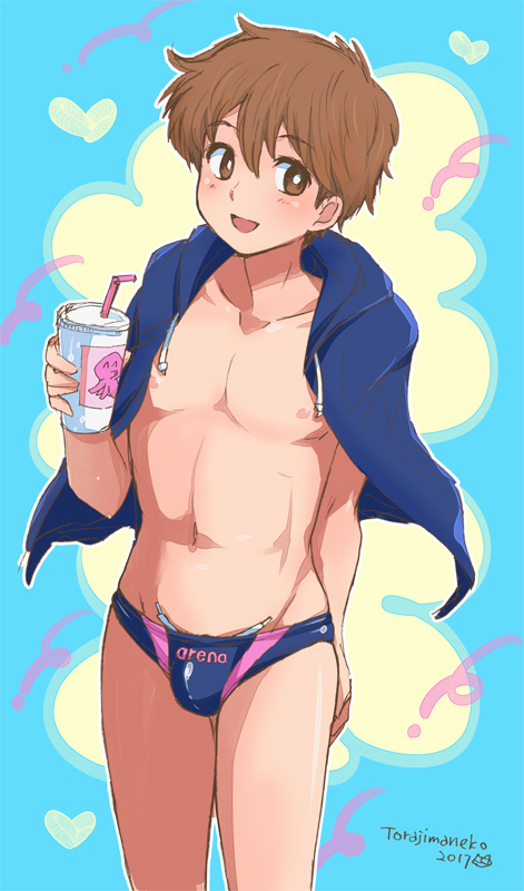 1boy, 2017, arena_(company), artist_name, bare_legs, blue_jacket, blue_male_swimwear, blue_swim_briefs, brown_eyes, brown_hair, bulge, cowboy_shot, drawstring, ganbare!_nakamura-kun!!, graphite_(medium), hirose_aiki, jacket, jacket_on_shoulders, looking_at_viewer, male_focus, male_swimwear, male_swimwear_writing, mechanical_pencil, navel, open_mouth, pencil, smile, solo, standing, swim_briefs, swim_briefs_writing, swimsuit_writing, topless_male, torajimaneko, towel, towel_around_shoulders, traditional_media, tumbler