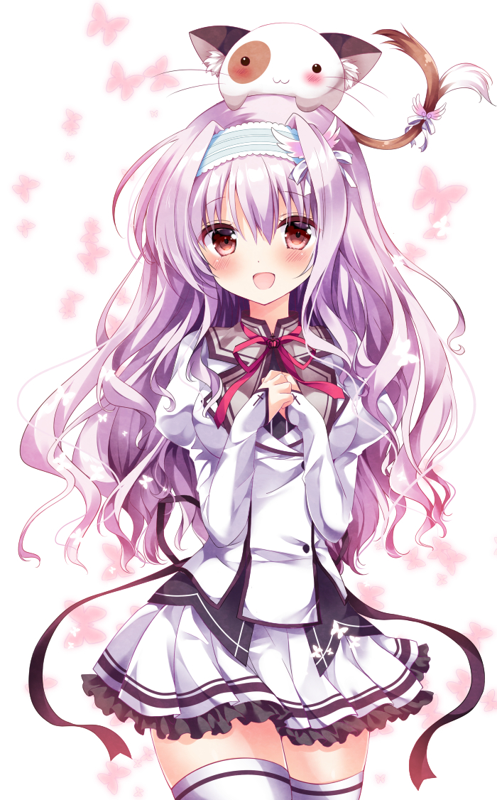 1girl, :3, :d, amaha_miu, animal, animal_on_head, blue_hairband, blush