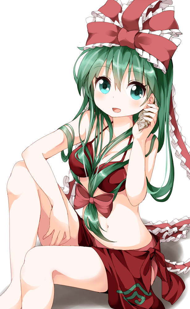 1girl, :d, adapted_costume, aqua_eyes, bare_shoulders, bikini, bow, collarbone