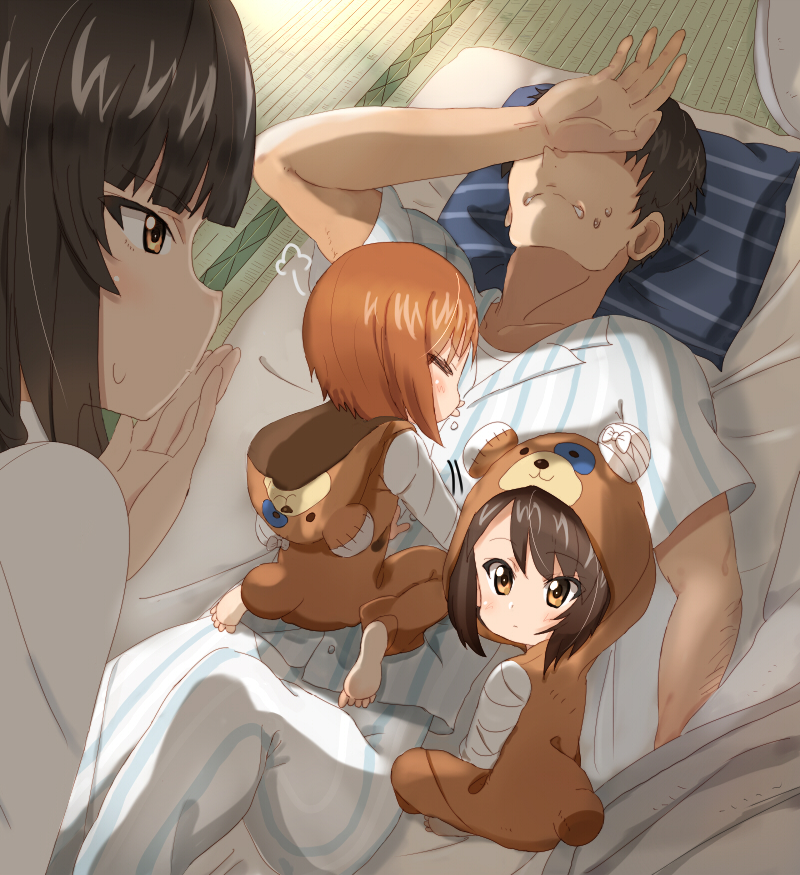 10s, 1boy, 3girls, aged_down, arm_on_own_head, barefoot, bed_sheet, black_hair, boko_(girls_und_panzer), boko_(girls_und_panzer)_(cosplay), brown_hair, cosplay, covering_own_eyes, covering_own_mouth, family, family_bonding, father_and_child, father_and_daughter, futon, girls_und_panzer, hitoshi_suda, husband_and_wife, kigurumi, mature_female, mother_and_child, mother_and_daughter, multiple_girls, nishizumi_maho, nishizumi_miho, nishizumi_shiho, nishizumi_tsuneo, pajamas, parent_and_child, pillow, siblings, sisters, under_covers, waking_another, waking_up
