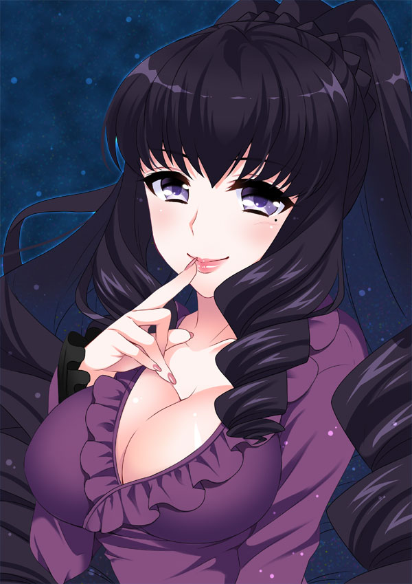 10s, 1girl, black_hair, blush, braid, breasts, cleavage, closed_mouth