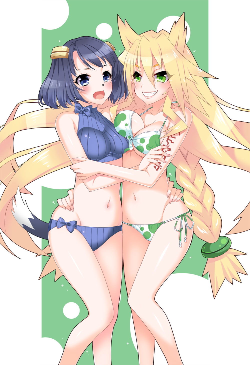 2girls, animal_nose, arm_around_another's_waist, arm_tattoo, asymmetrical_docking, bare_shoulders, bikini, black_hair