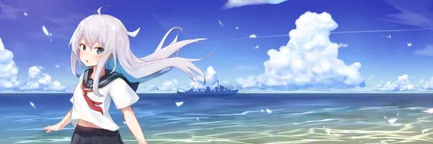 10s, 1girl, adapted_costume, black_skirt, blue_eyes, female_focus, hair_between_eyes, hibiki_(kancolle)