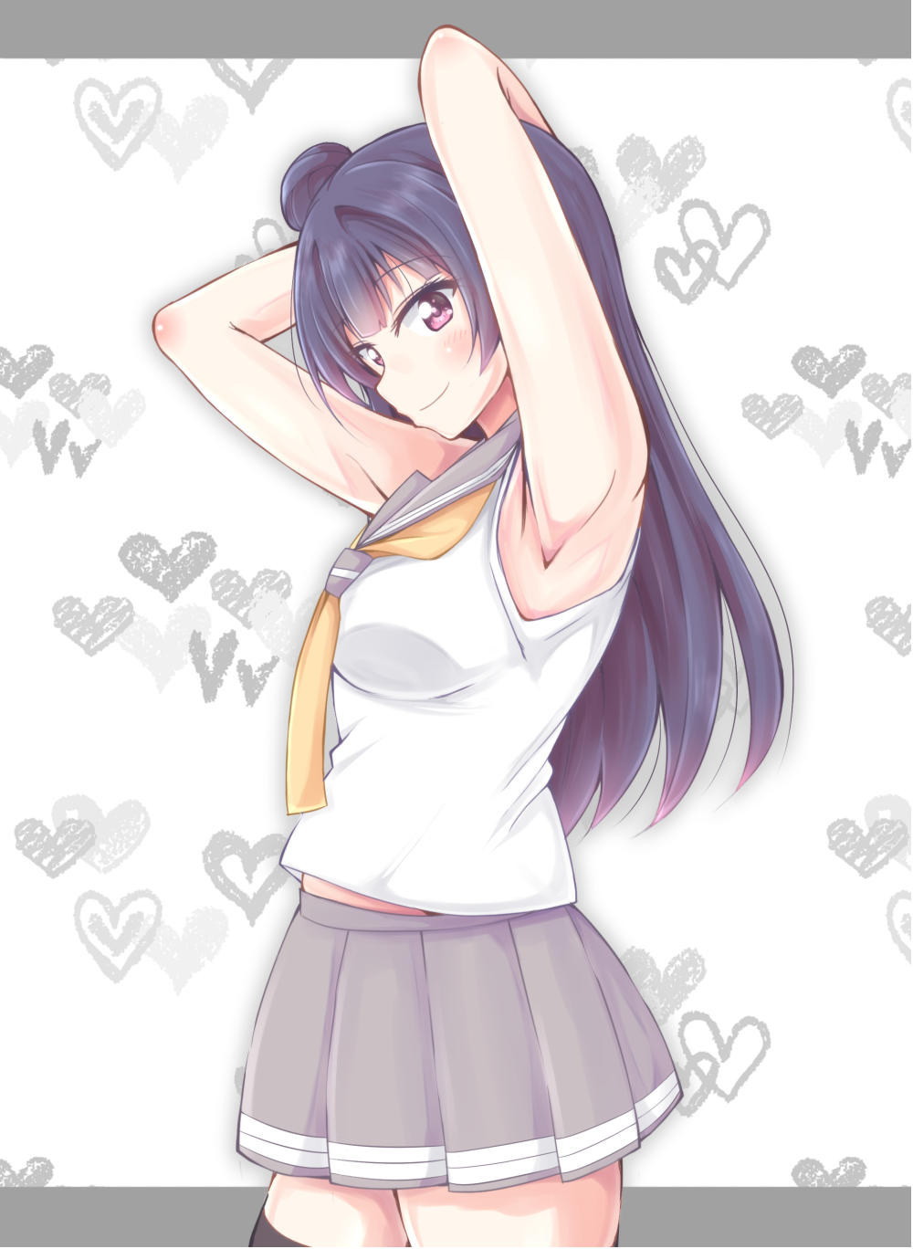 10s, 1girl, armpits, arms_up, black_thighhighs, blue_hair, blush, breasts