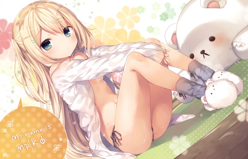 1girl, absurdres, animal_slippers, black_panties, blonde_hair, character_name, crease, english_text, female_focus, floral_background, full_body, green_eyes, grey_socks, highres, komeshiro_kasu, long_hair, long_sleeves, milk_(komeshiro_kasu), navel, off_shoulder, one_side_up, open_clothes, open_shirt, original, panties, polka_dot, polka_dot_blanket, scan, shirt, side-tie_panties, sitting, sleeves_past_wrists, slippers, socks, solo, speech_bubble, string_panties, stuffed_animal, stuffed_toy, teddy_bear, underwear