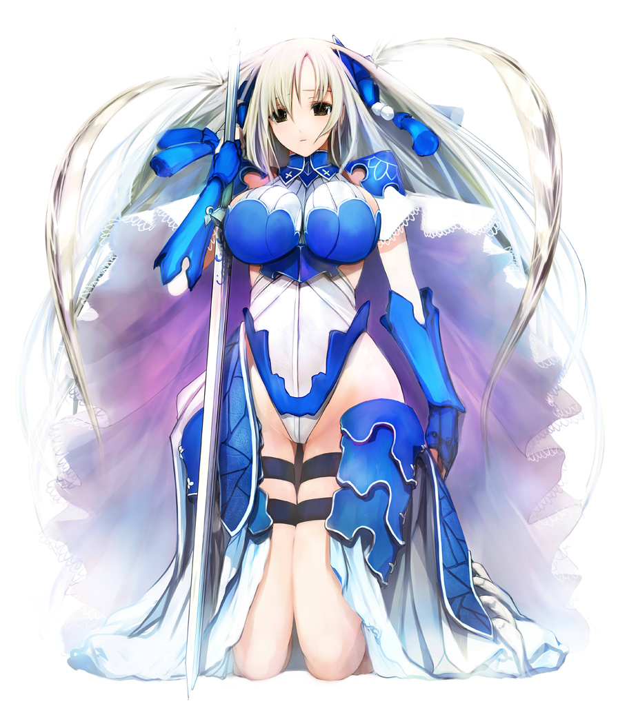 1girl, armor, black_eyes, breasts, cape, cross, female_focus, fingerless_gloves, gloves, hair_ornament, impossible_clothes, kneeling, lace, large_breasts, long_hair, original, pupps, sangokushi_taisen, shuuki_(sangokushi_taisen), skirt, solo, sword, thigh_gap, thigh_strap, twintails, very_long_hair, weapon, white_hair, wide_hips