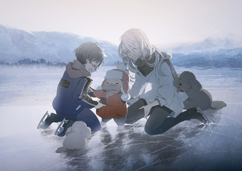 10s, 3boys, ^_^, aged_down, black_hair, child, closed_eyes, dog