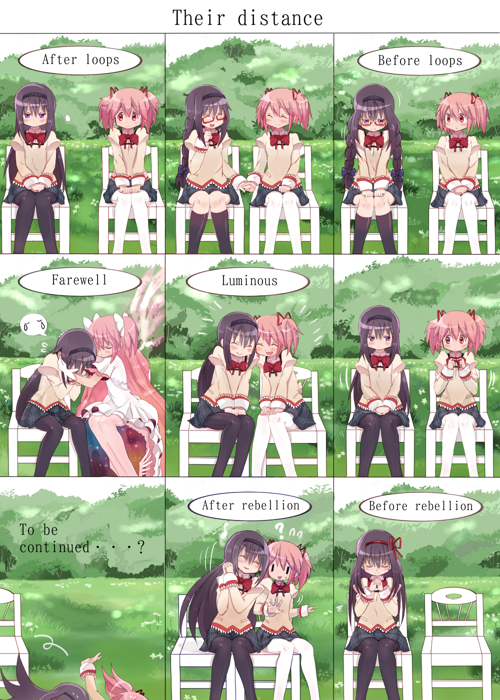 2girls, akemi_homura, before_and_after, black_hair, blush, braid, cheek-to-cheek, crying