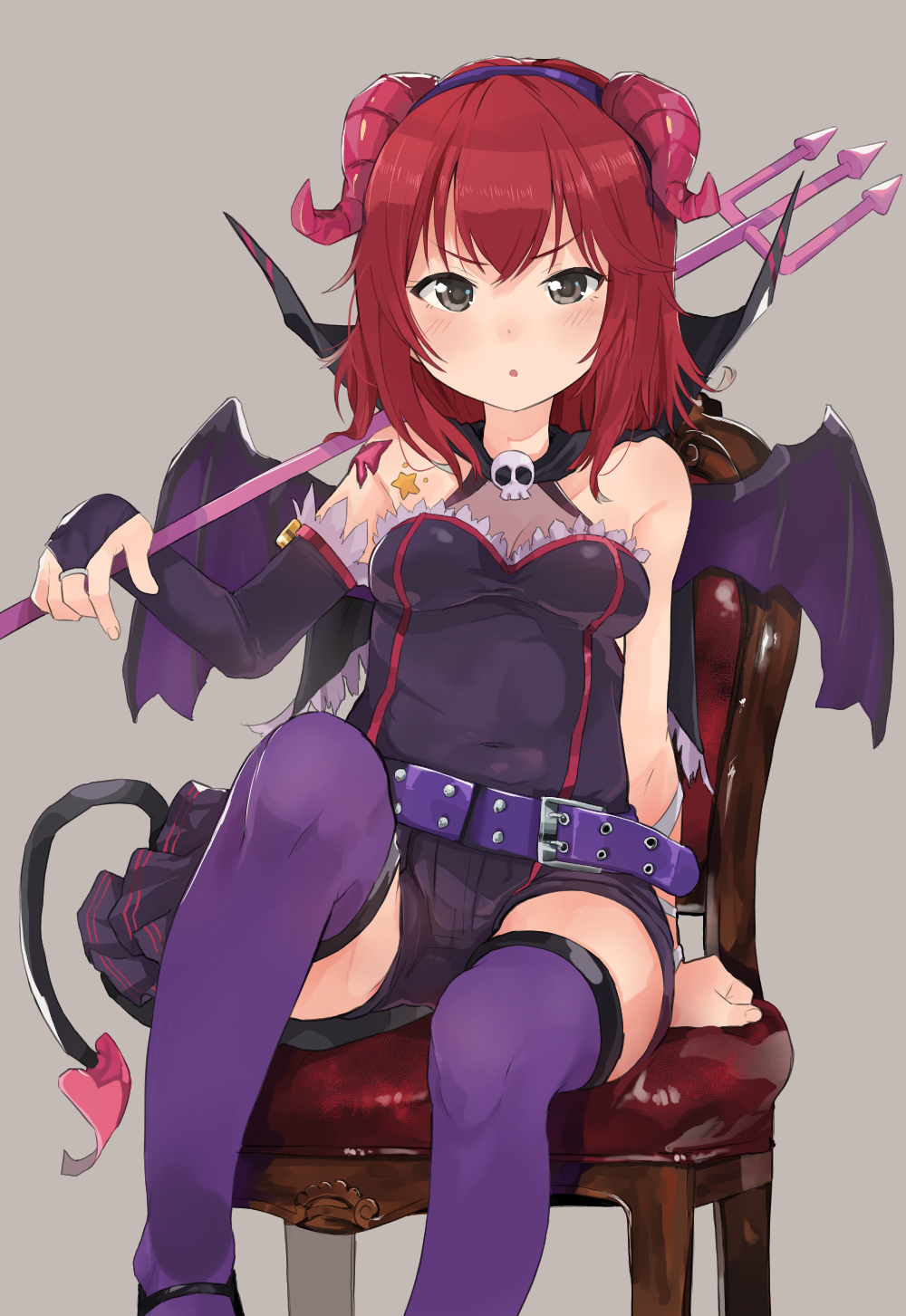 10s, 1girl, alternate_costume, chair, demon_girl, female_focus, grey_background, grey_eyes