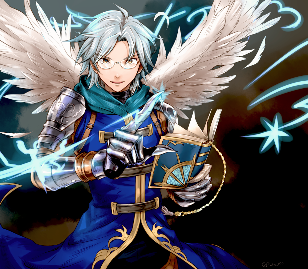 10s, 1boy, altair_(granblue_fantasy), artist_name, book, feathered_wings, glasses, gloves