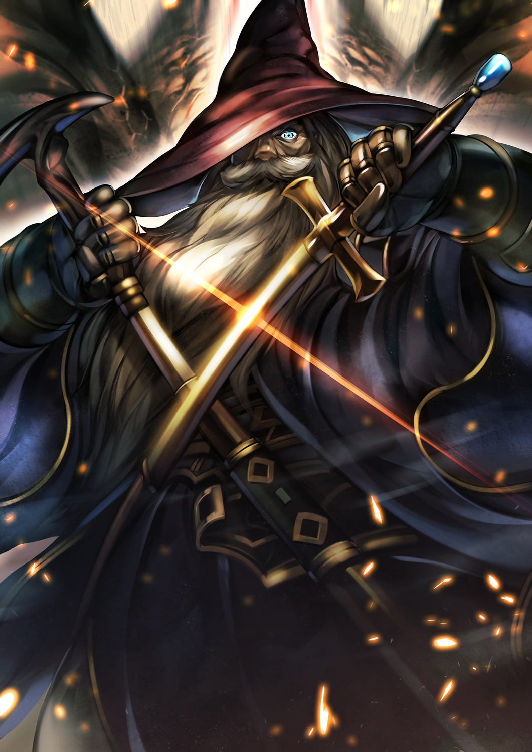10s, 1boy, aletheia_(granblue_fantasy), beard, blue_eyes, cape, donarudo, facial_hair