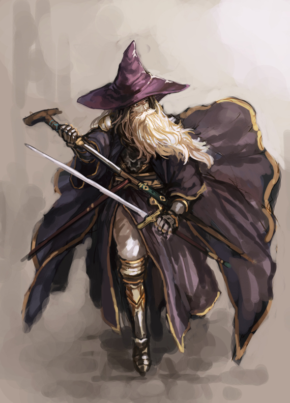 10s, 1boy, aletheia_(granblue_fantasy), armor, armored_boots, beard, boots, cape, cocodar, facial_hair, full_body, granblue_fantasy, grey_background, hat, long_hair, male_focus, solo, sword, weapon, white_hair, wizard, wizard_hat