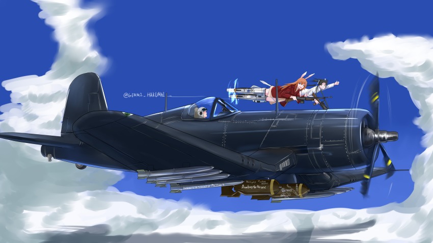 aircraft, airplane, animal_ears, bad_id, bad_pixiv_id, bomb, breasts, browning_automatic_rifle, camouflage, cat_ears, charlotte_e._yeager, cloud, day, english_text, engrish_text, explosive, f4u_corsair, flying, francesca_lucchini, gun, hakumai, helmet, highres, holding, holding_weapon, light_machine_gun, long_hair, m1918_bar, machine_gun, military, military_vehicle, missile, open_mouth, original, pilot, pilot_helmet, profanity, propeller_fighter, rabbit_ears, rabbit_girl, ranguage, smile, strike_witches, striker_unit, teeth, thumbs_up, vehicle_focus, weapon, world_witches_series