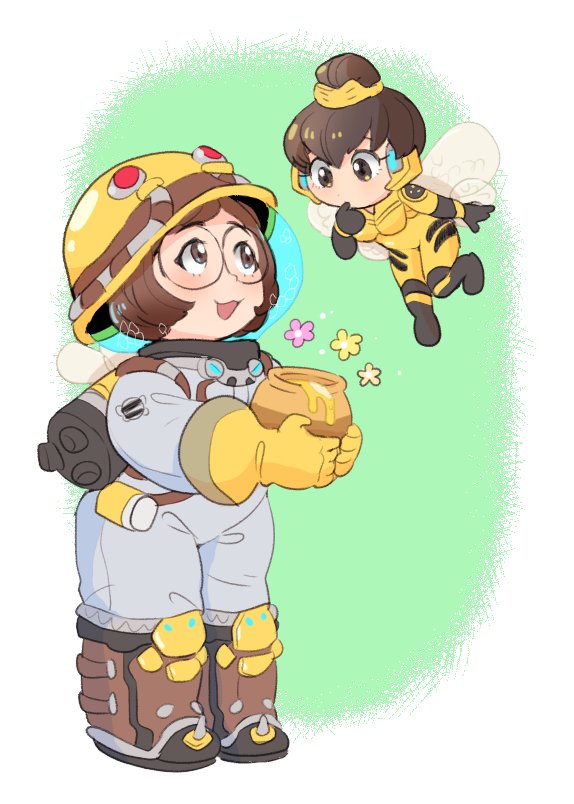 2girls, :3, b.va_(overwatch), bad_id, bad_twitter_id, beekeeper_mei, bodysuit, boots