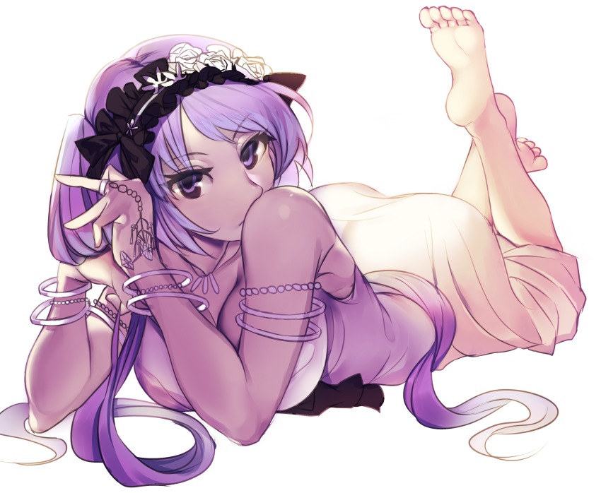 1girl, absurdres, armlet, ass, barefoot, bracelet, breasts, cleavage, dress, euryale_(fate), euryale_(third_ascension)_(fate), eyelashes, fate/grand_order, fate_(series), feet, female_focus, frilled_hairband, frills, full_body, hairband, hatahata_p_(taritari1648), highres, jewelry, large_breasts, legs_up, long_hair, looking_at_viewer, lying, on_stomach, purple_eyes, purple_hair, ring, simple_background, sleeveless, sleeveless_dress, soles, solo, the_pose, toes, white_background