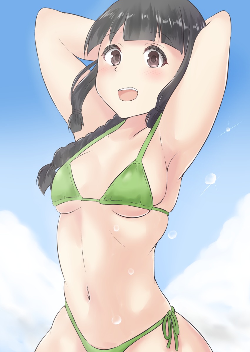 10s, 1girl, absurdres, arms_up, bikini, black_hair, blunt_bangs, braid
