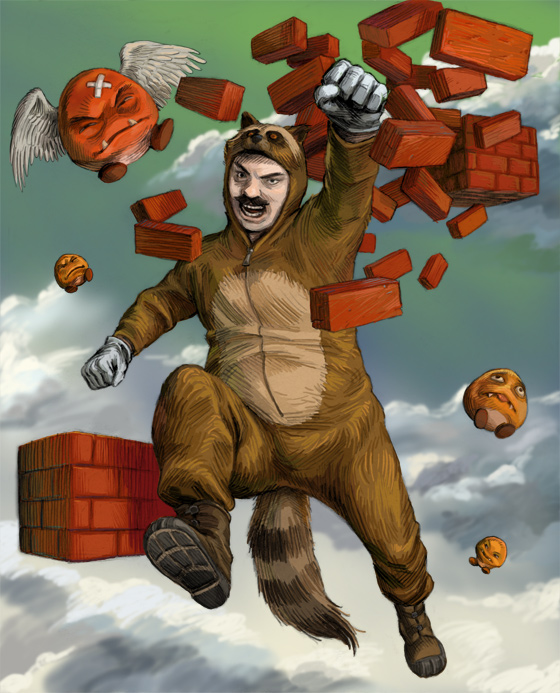 1boy, animal_costume, brick, duplicate, goomba, jumping, male_focus, mario, mario_(series), nintendo, realistic, solo, super_mario_bros._1, super_mario_bros._3, tanuki_costume, tanuki_mario