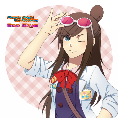 1girl, ace_attorney, blue_eyes, bow, brown_hair, character_name, copyright_name, ema_skye