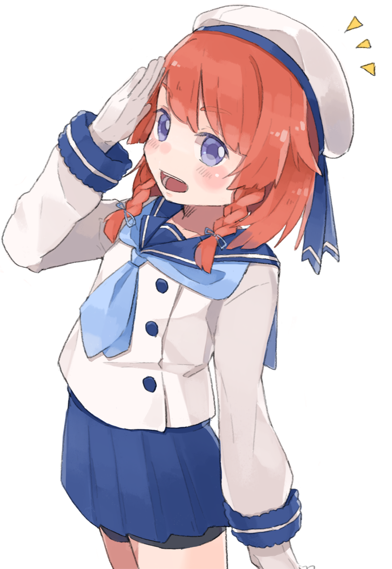 10s, 1girl, bike_shorts, blue_eyes, blue_neckerchief, blue_sailor_collar, blue_skirt, braid, buttons, commentary, dress, etorofu_(kancolle), female_focus, gloves, hat, kantai_collection, long_sleeves, neckerchief, open_mouth, pleated_skirt, red_hair, sailor_collar, sailor_hat, salute, school_uniform, serafuku, short_hair, skirt, solo, suppaman_(rfjy), twin_braids, white_background, white_gloves, white_hat