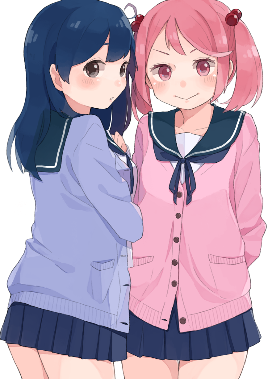 10s, 2girls, blue_hair, blush, cardigan, commentary, cowboy_shot, green_eyes